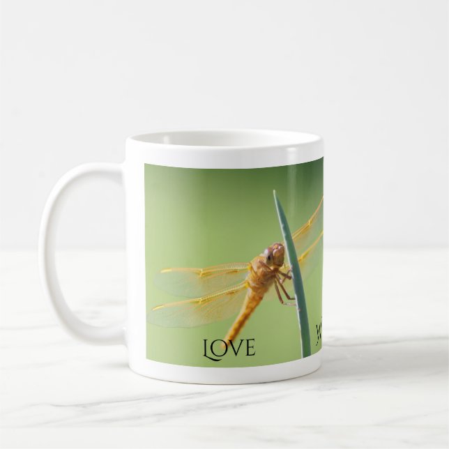 Love, Wisdom, Faith, Dragonfly Coffee Mug (Left)