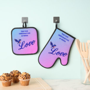 Love With A Bluebird Personalised Oven Mitt & Pot Holder Set
