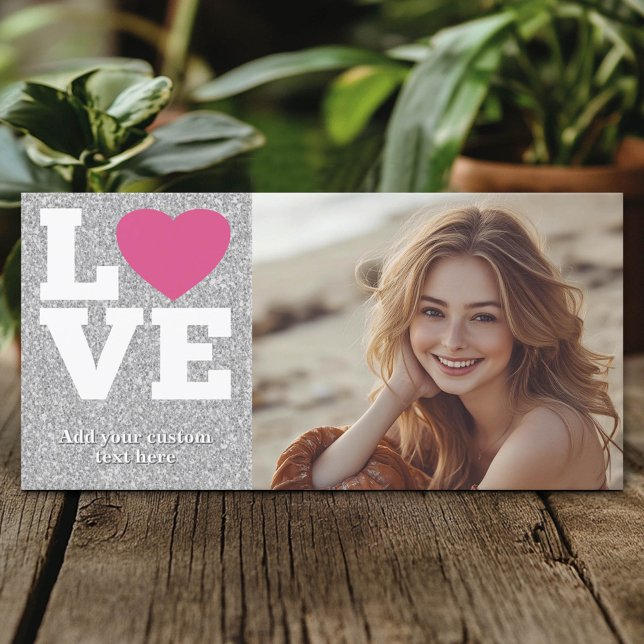 Love with a bright pink heart and Silver Glitter Holiday Card (Custom Photo Card)