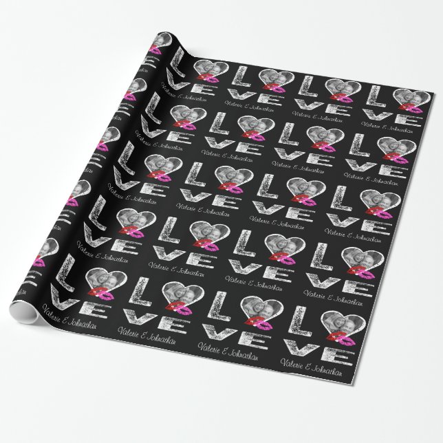 LOVE with Couple Photo and Kisses Wrapping Paper (Unrolled)