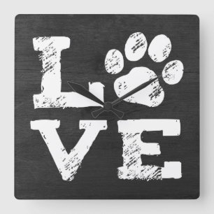 LOVE with Dog Paw Print Square Wall Clock