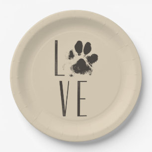 Love with Pet Paw Print Brown Grunge Typography Paper Plate