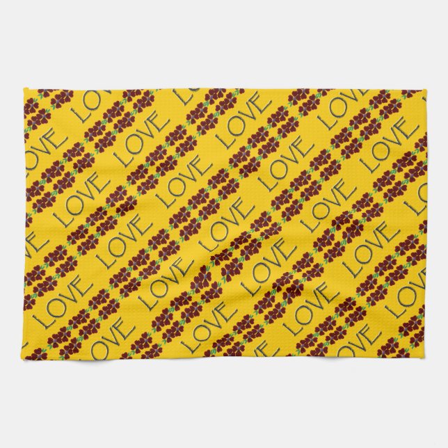 "Love" with red/blue flowers Tea Towel (Horizontal)