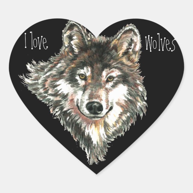 Love Wolves Quote  Watercolor Animal, Nature Heart Sticker (Front)