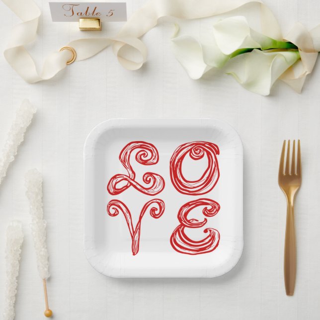 LOVE Word Art Fabric Font Red Letters Paper Plate (Wedding)