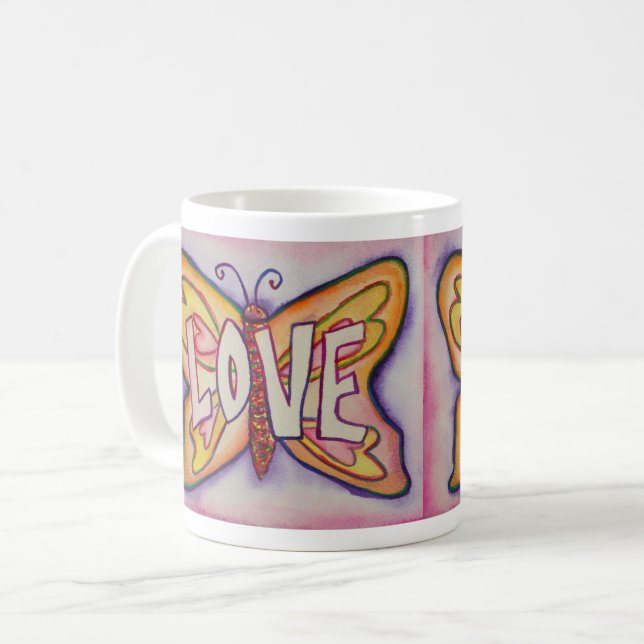 Love Word Art Pink Butterfly Wings Coffee Mug (Front Left)