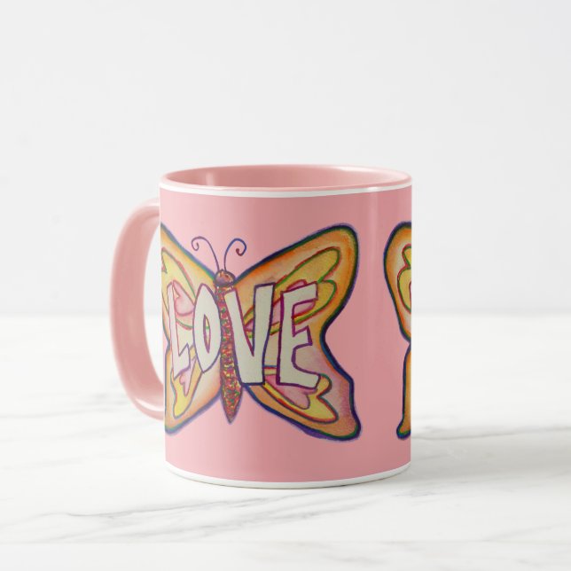 Love Word Art Pink Butterfly Wings Coffee Mug Cup (Front Left)