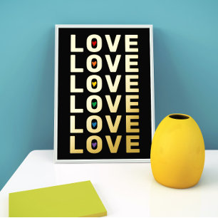 "LOVE" word, hearts in rainbow colours black gold Foil Prints