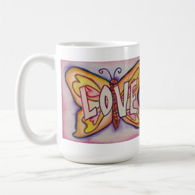Love Word Pink Butterfly Art Coffee Cup or Mug (Left)
