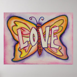 Love Word Pink Butterfly Art Print Posters