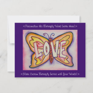 Love Word Pink Butterfly Custom Art Invitations