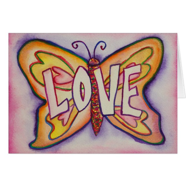 Love Word Pink Butterfly Greeting or Note Cards (Front Horizontal)