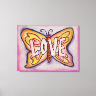 Love Word Pink Butterfly Painting Canvas Artwork Print
