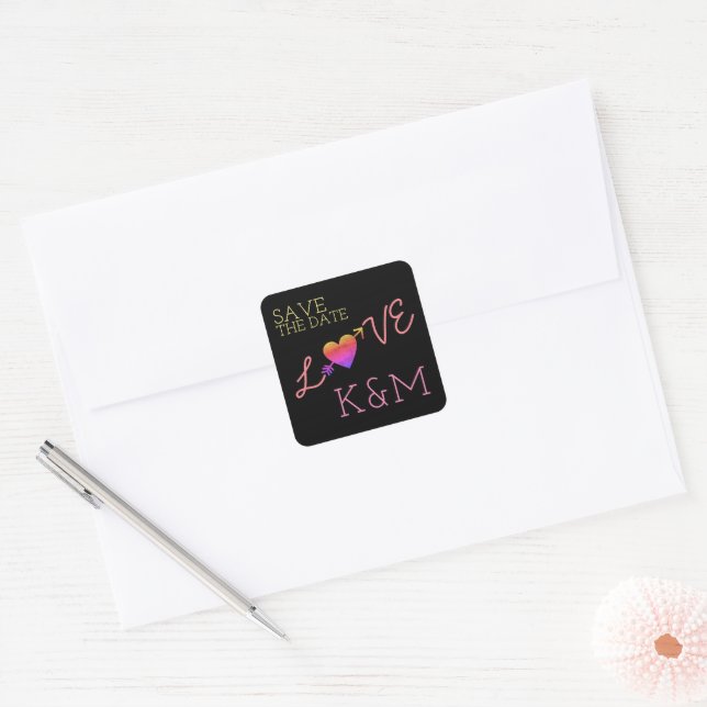 Love word with heart & an arrow, black save date  square sticker (Envelope)