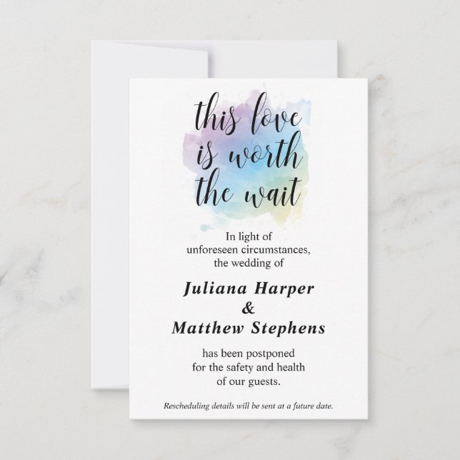 Love Worth The Wait | Wedding Event Postponed Card (Front)