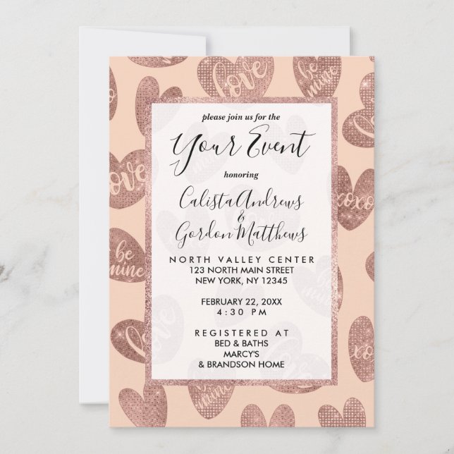 Love XOXO Be Mine Rose Gold Pink Glitter Hearts Invitation (Front)