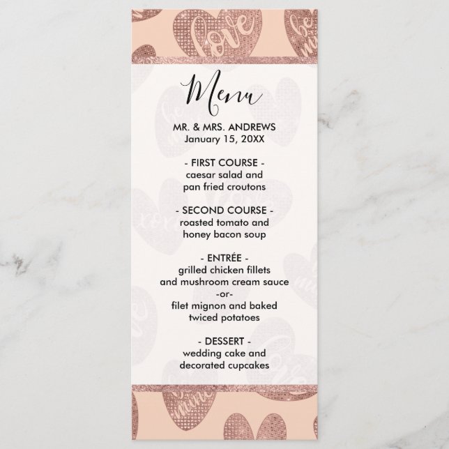 Love XOXO Be Mine Rose Gold Pink Glitter Hearts Menu (Front)
