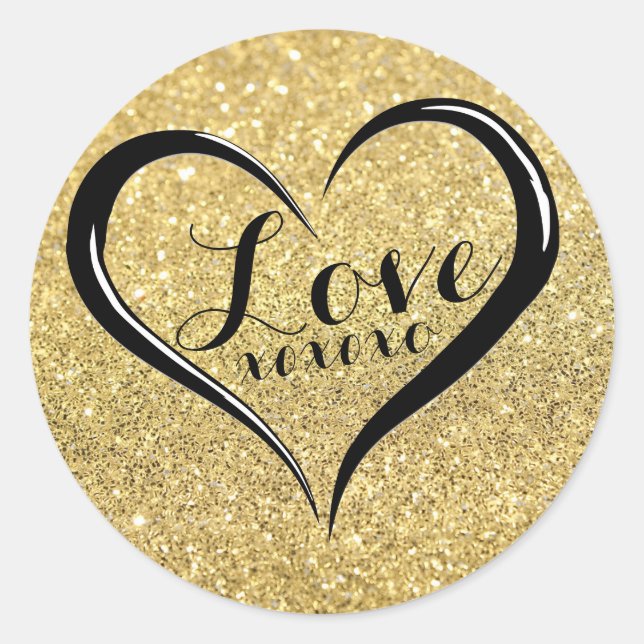 Love XOXO Heart Black Text on Gold Sticker (Front)