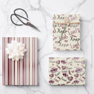 Love Xoxo Heart, lips and stripes pink beige Wrapping Paper Sheet