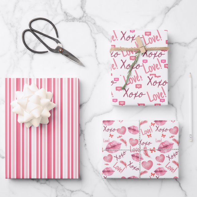 Love Xoxo Heart, lips and stripes pink white Wrapping Paper Sheet (Front)