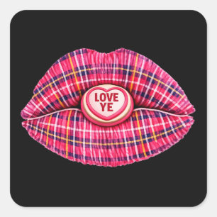 Love Ye Scottish Tartan Kiss Lips Scotland pink Square Sticker