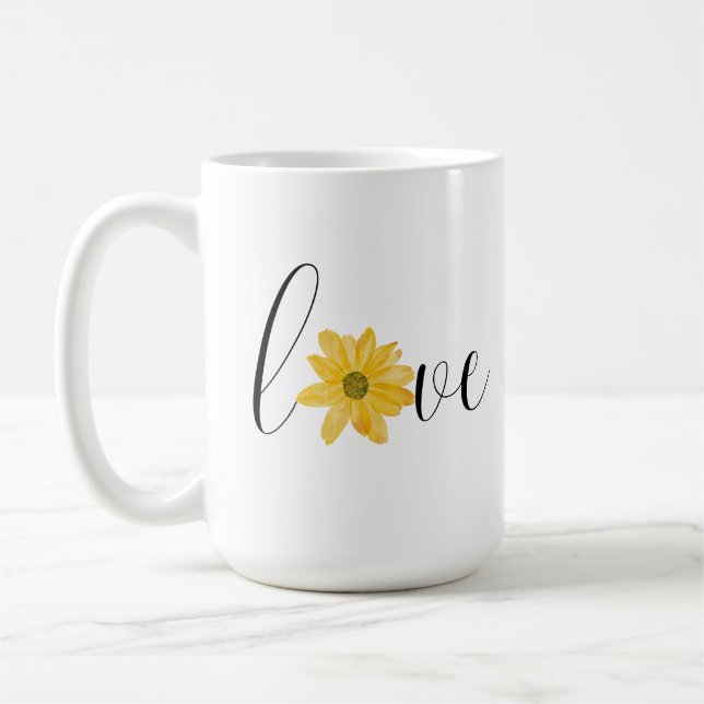 Love Yellow Flower Groovy Hippie Handwriting  Coffee Mug (Left)