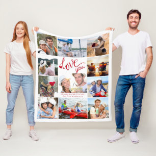 Love You 11 Photo Collage Heart Couple Fleece Blanket