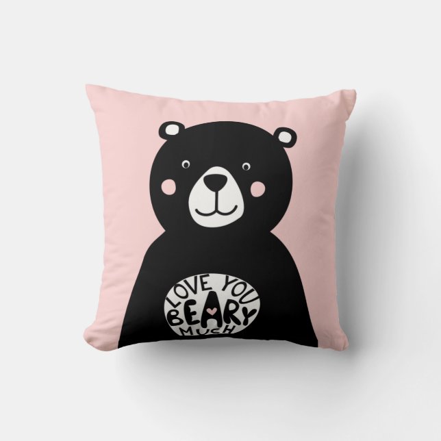 Love you Beary Much Black Bear Lettering Pink Cushion (Front)