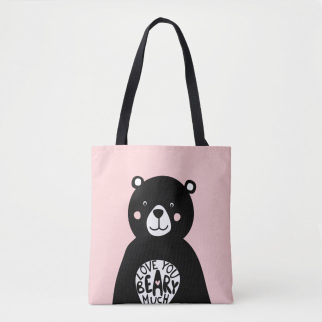 Love you Beary Much Hear Bear Pink Black Girly Tote Bag (Front)