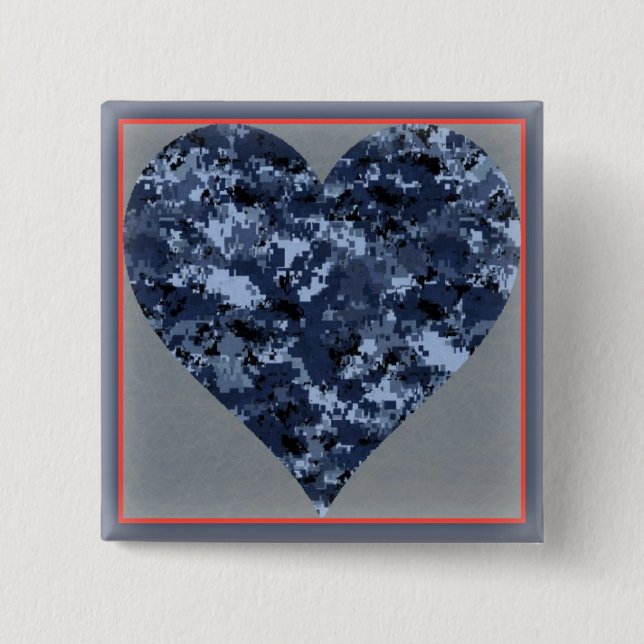 Love You Blue Military Camo Heart Valentine Button (Front)
