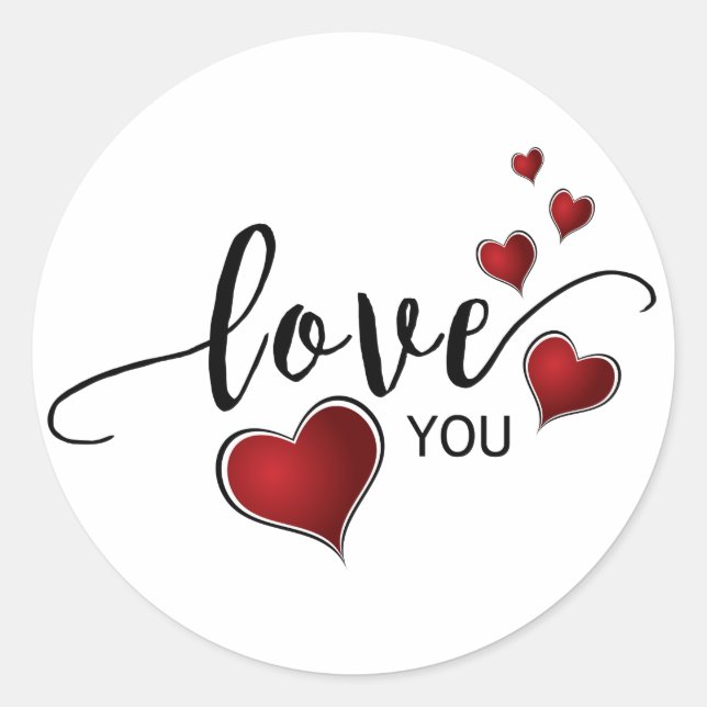 Love You Calligraphy and Hearts Classic Round Sticker (Front)