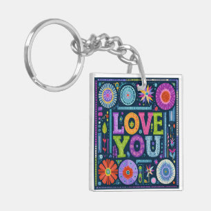 Love You, colourful vintage design, Key Ring