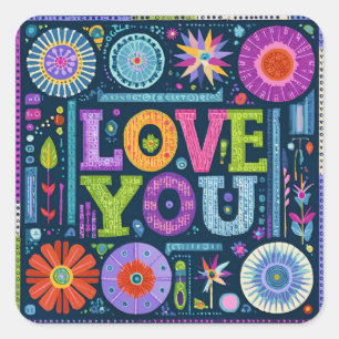 Love You, colourful vintage design, Square Sticker