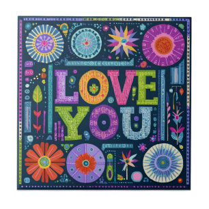 Love You, colourful vintage design, Tile