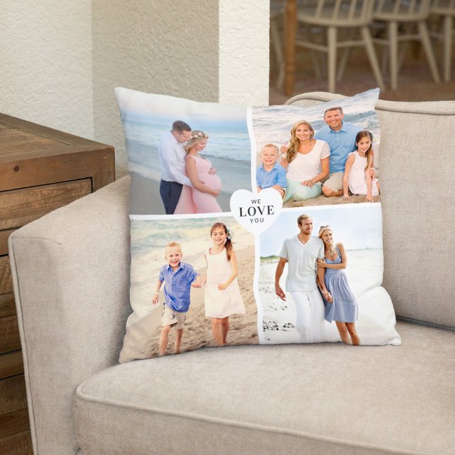 Love You Custom Heart 4 Photo Collage Cushion (Creator Uploaded)