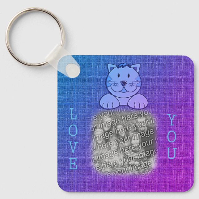 Love You Cute Blue Cat Your Photo Key Ring (Front)