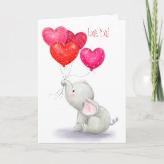 Love You, Cute Elephant with Heart shaped balloons Card