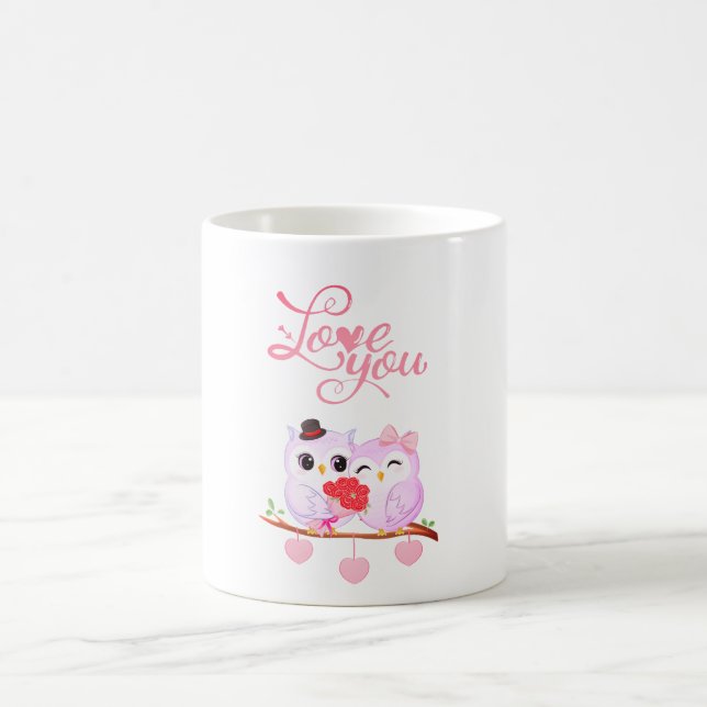 Love You Cute Owls Couple Valentine Heart Pink Rom Coffee Mug (Center)