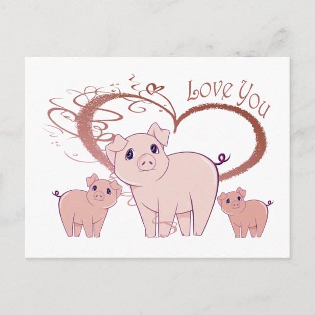 Love You, Cute Piggies Art Postcard (Front)