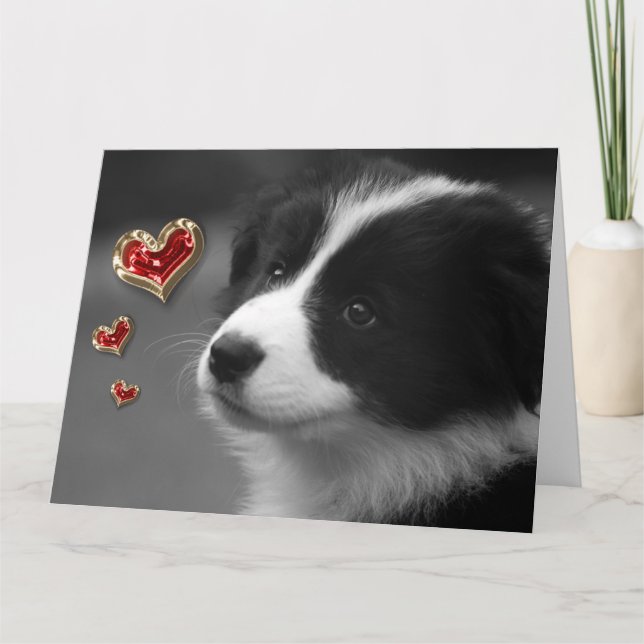 Love You Cute Puppy Red Gold Hearts Card (Front)