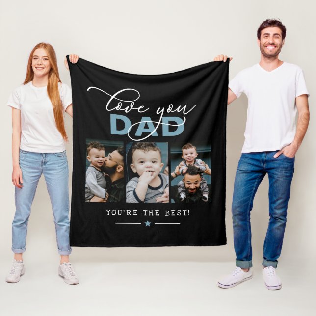 Love You Dad/Daddy/Papa/Other 3 Photo Custom Text Fleece Blanket (In Situ)