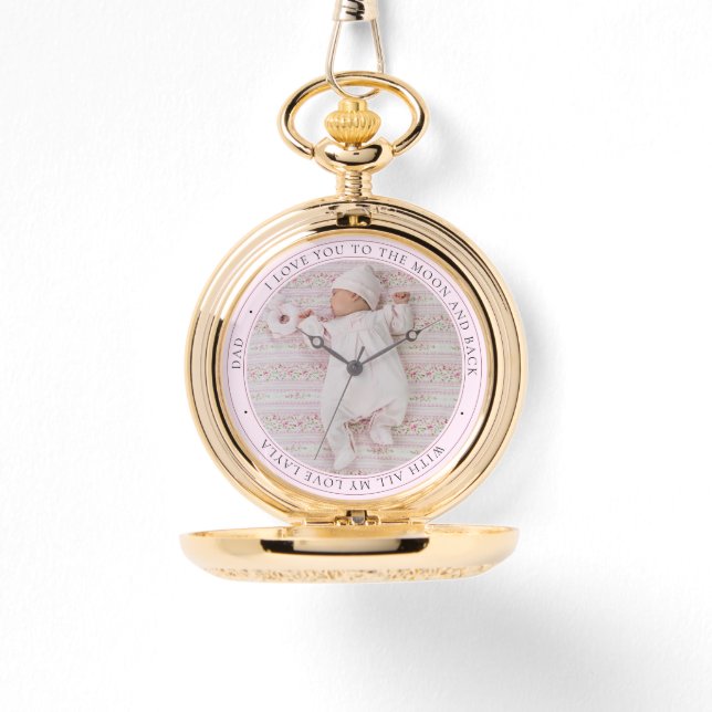 Love You Dad Personalised Photo Girl Pink Pocket  Watch (Front)