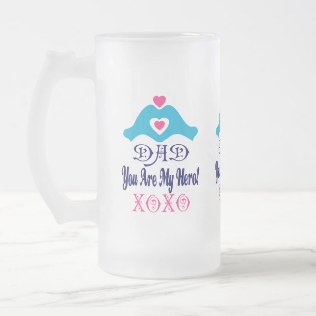 ❤🍺↷Love You Dad, You are My Hero Frosted Beer Frosted Glass Beer Mug (Left)