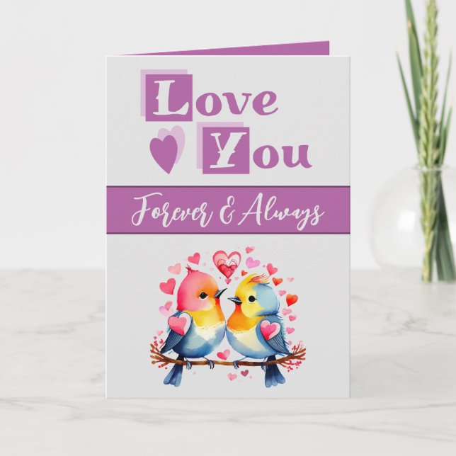 Love you forever cute birds purple Valentine Card (Front)