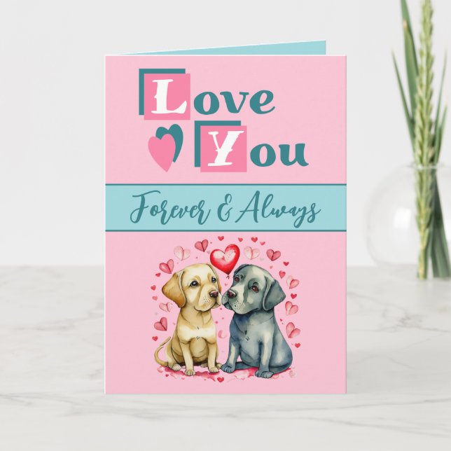 Love you forever cute dogs pink green Valentine Card (Front)