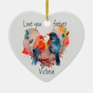 Love You Forever Lovebirds Custom Name Date Ceramic Tree Decoration