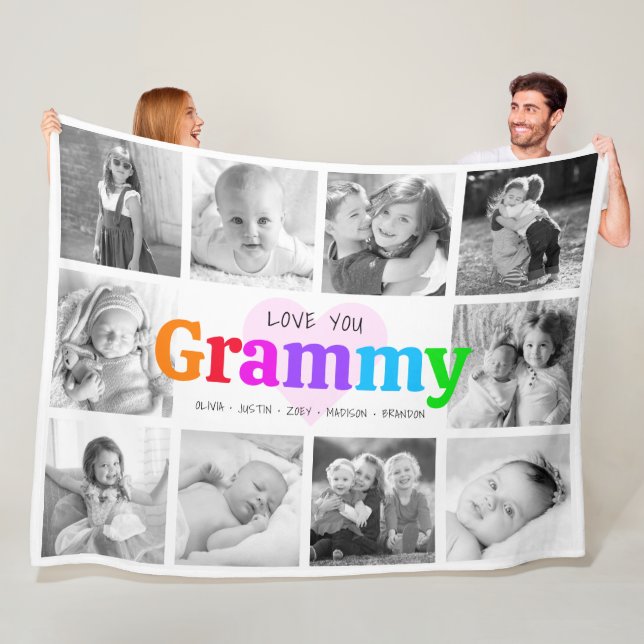 Love You Grammy Colourful Modern 10 Photo Collage Fleece Blanket (In Situ)