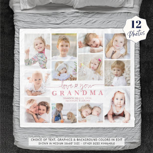 Love You Grandma 12 Photo Collage Heart White Pink Fleece Blanket