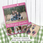 Love You Grandma 4 Family Photo Collage Pink Jigsaw Puzzle<br><div class="desc">Custom photo collage puzzle to personalise with 4 photographs.Personalise with family name and year.The "We love you grandma" quote adds a unique touch to the photo jigsaw puzzle and makes a special gift for grandmas.</div>