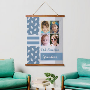 Love you Grandma 4 photo leaf pattern blue Hanging Tapestry